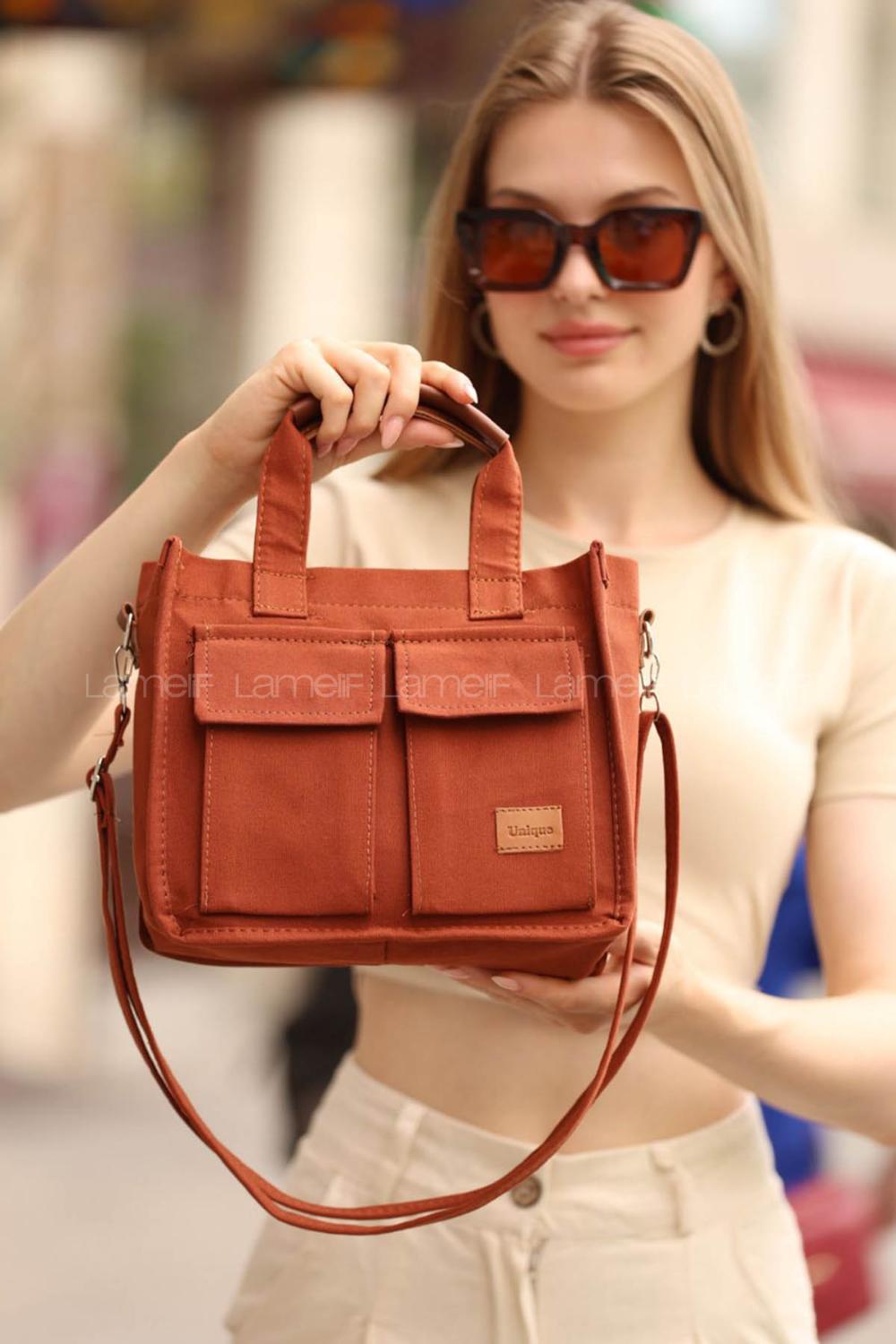 Lamelif Cepli Mini Kanvas Kadın Çapraz Çanta Taba