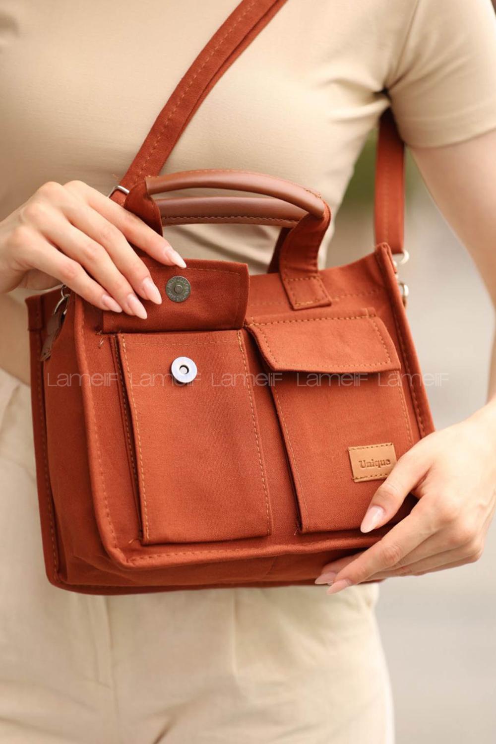 Lamelif Cepli Mini Kanvas Kadın Çapraz Çanta Taba