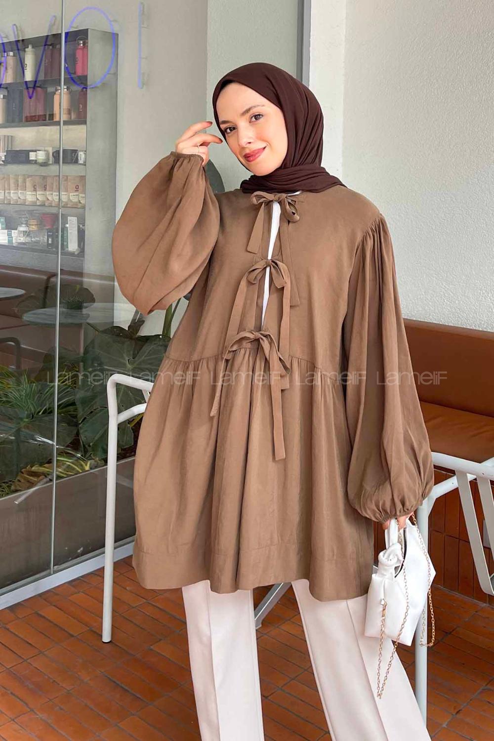 Lamelif Ön Bağlama Detaylı Tunik Kahverengi