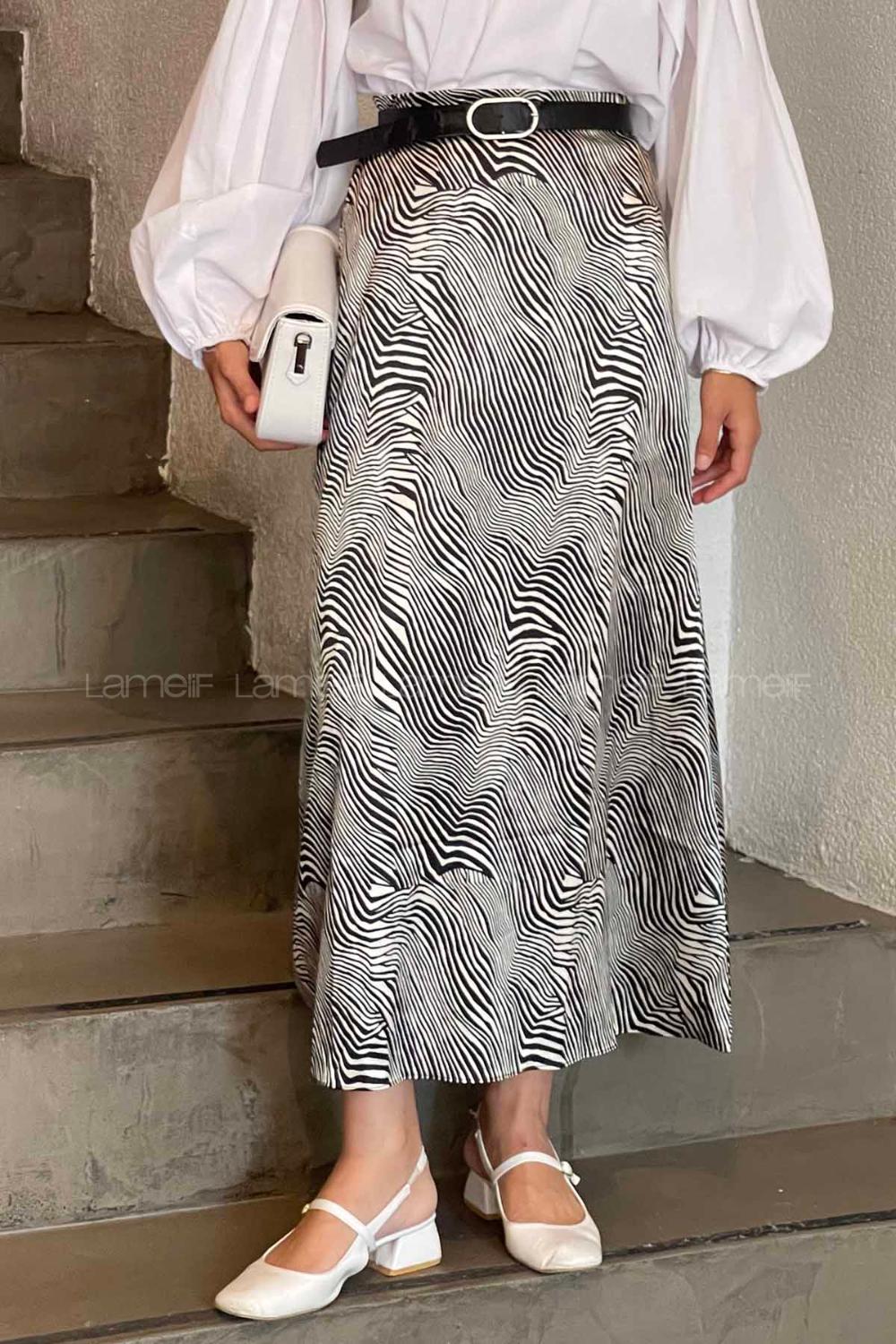 Lamelif Saten Pamuklu Zebra Detaylı Etek Siyah-Krem