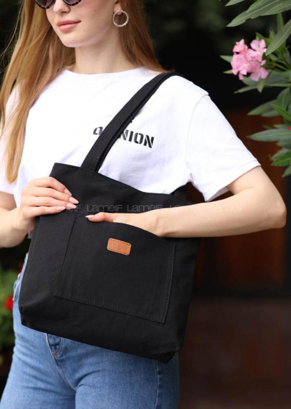 Lamelif Üç Gözlü Kanvas Antony Çanta Siyah