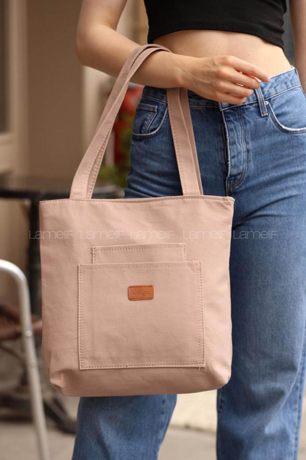 Lamelif Üç Gözlü Kanvas Antony Çanta Vizonrengi