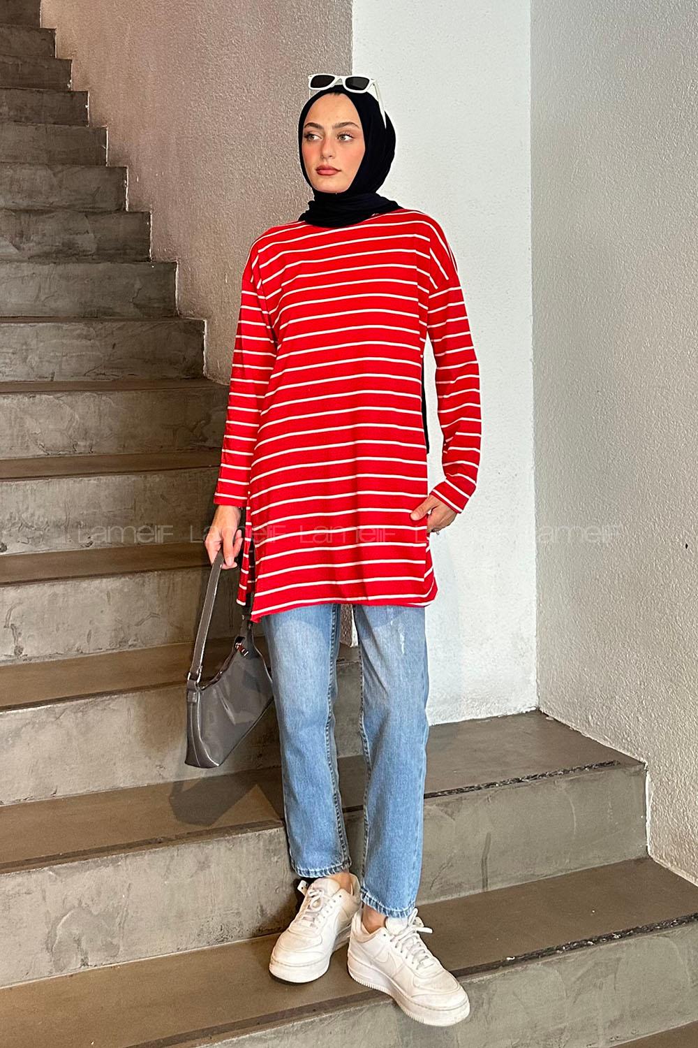 Lamelif Çizgili Uzun Kol Tunik Nar Çiçeği