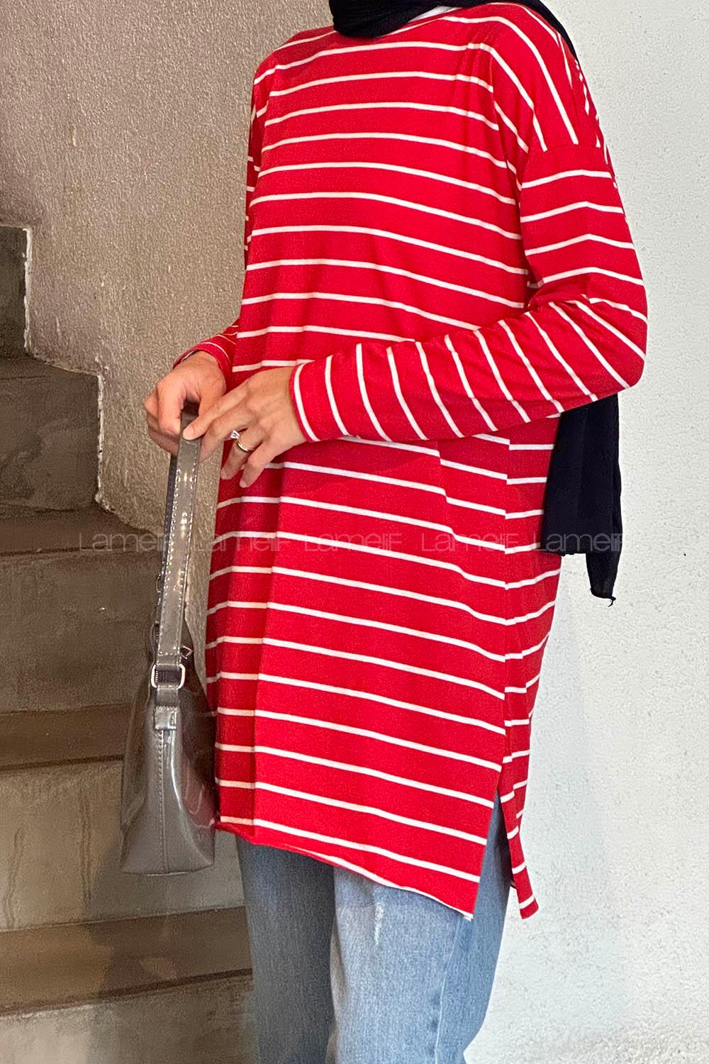 Lamelif Çizgili Uzun Kol Tunik Nar Çiçeği