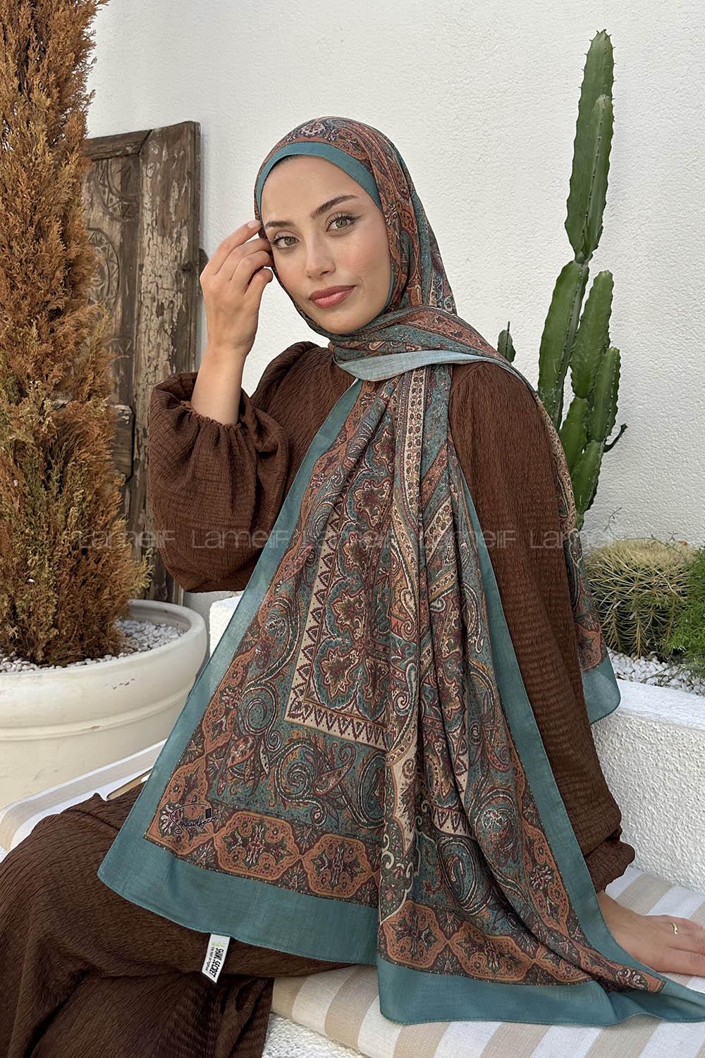 Lamelif Retro Desen Pamuk Şal Çağla Yeşili