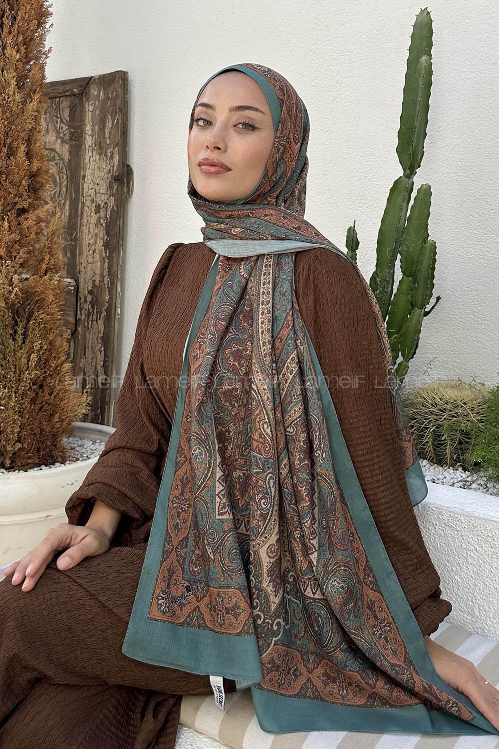 Lamelif Retro Desen Pamuk Şal Çağla Yeşili