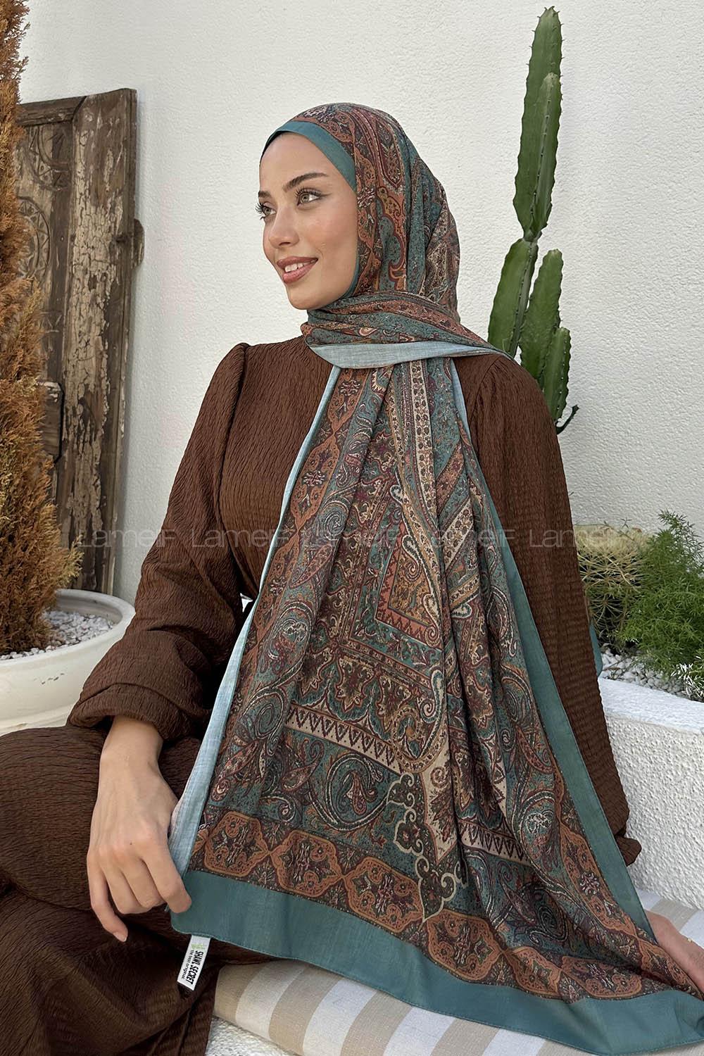 Lamelif Retro Desen Pamuk Şal Çağla Yeşili