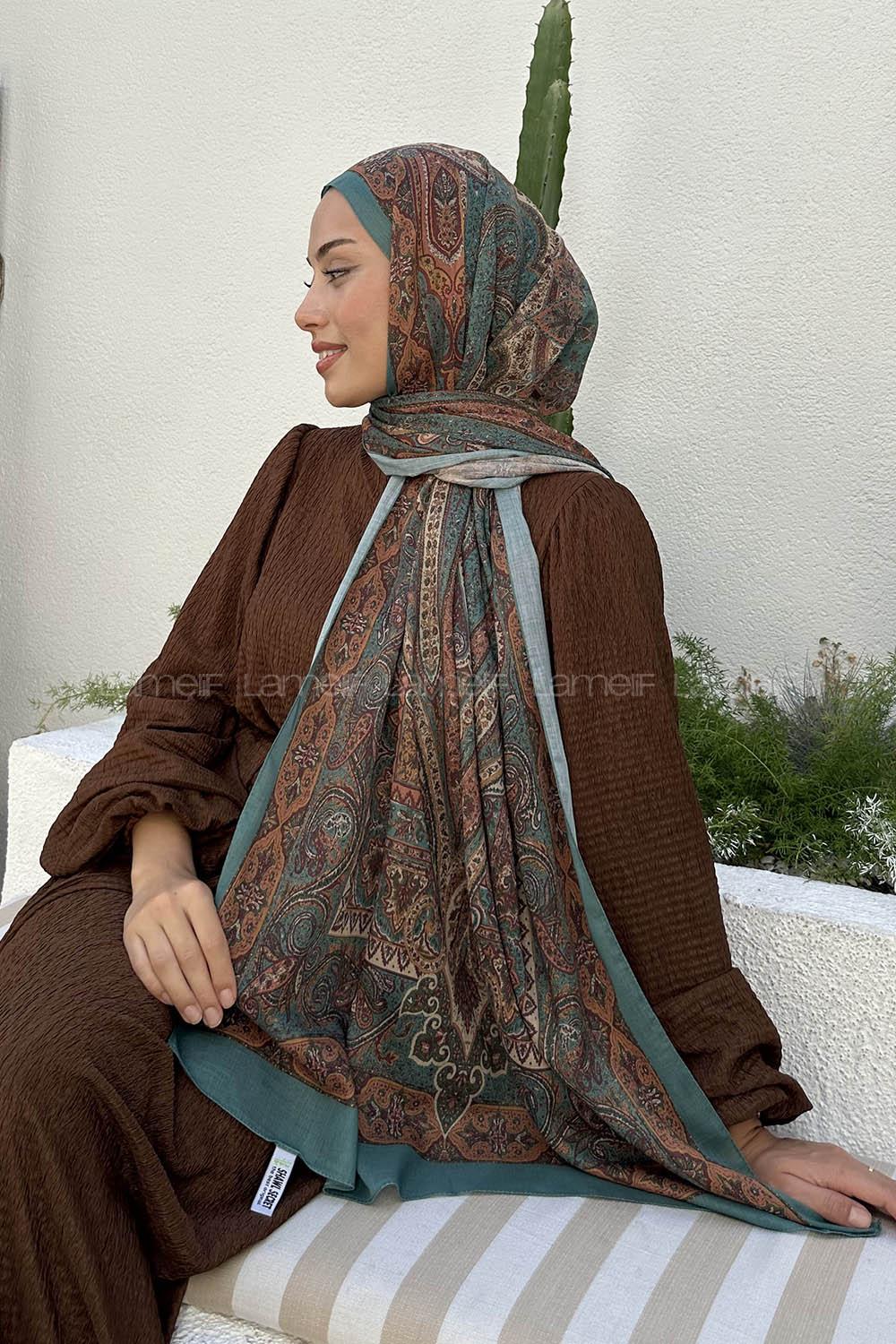 Lamelif Retro Desen Pamuk Şal Çağla Yeşili