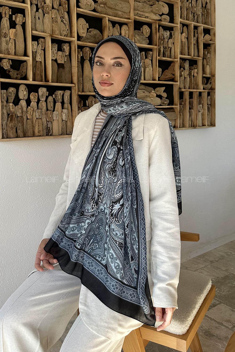 Lamelif Retro Desen Pamuk Şal Gri Mavi