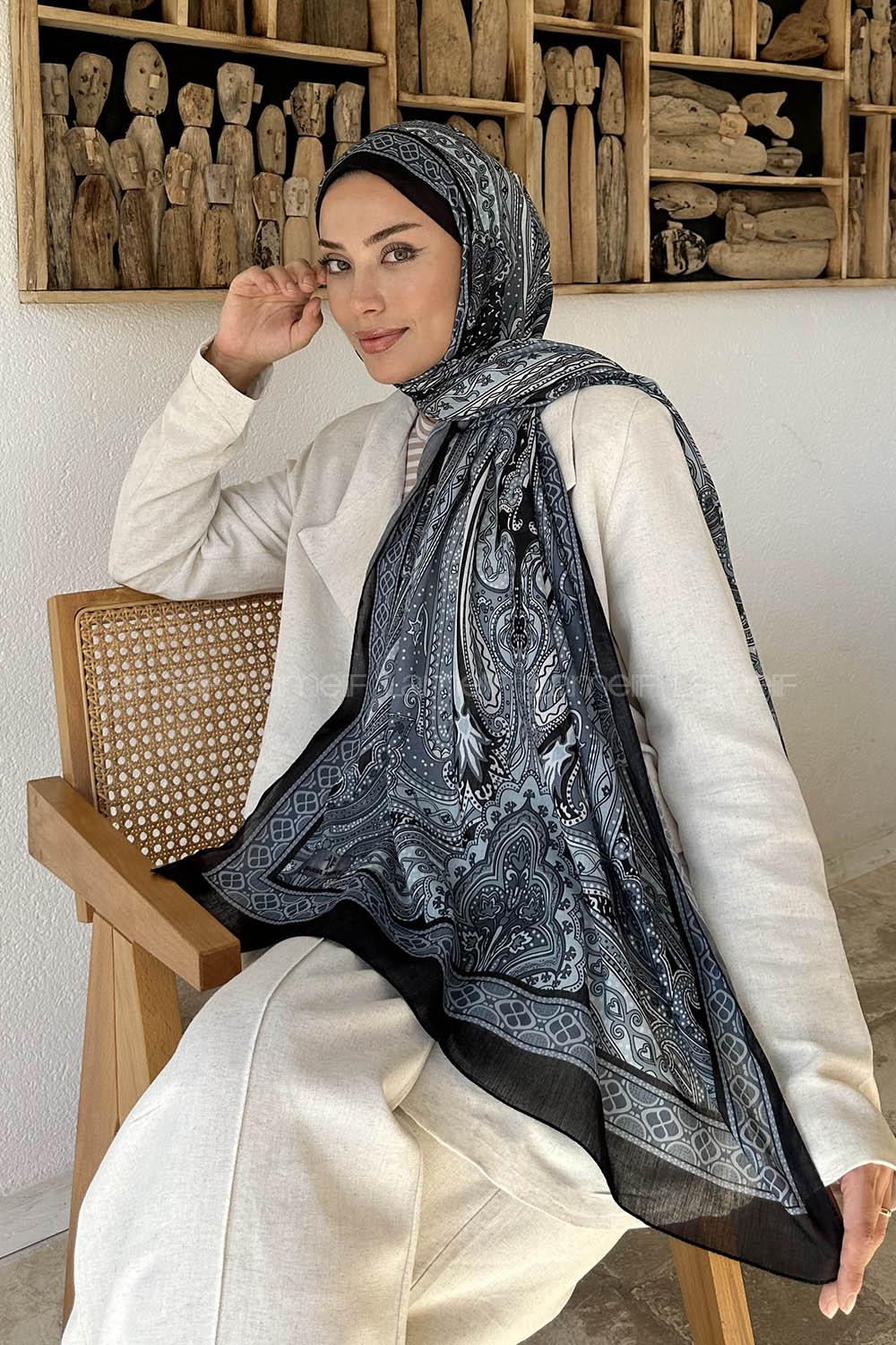 Lamelif Retro Desen Pamuk Şal Gri Mavi