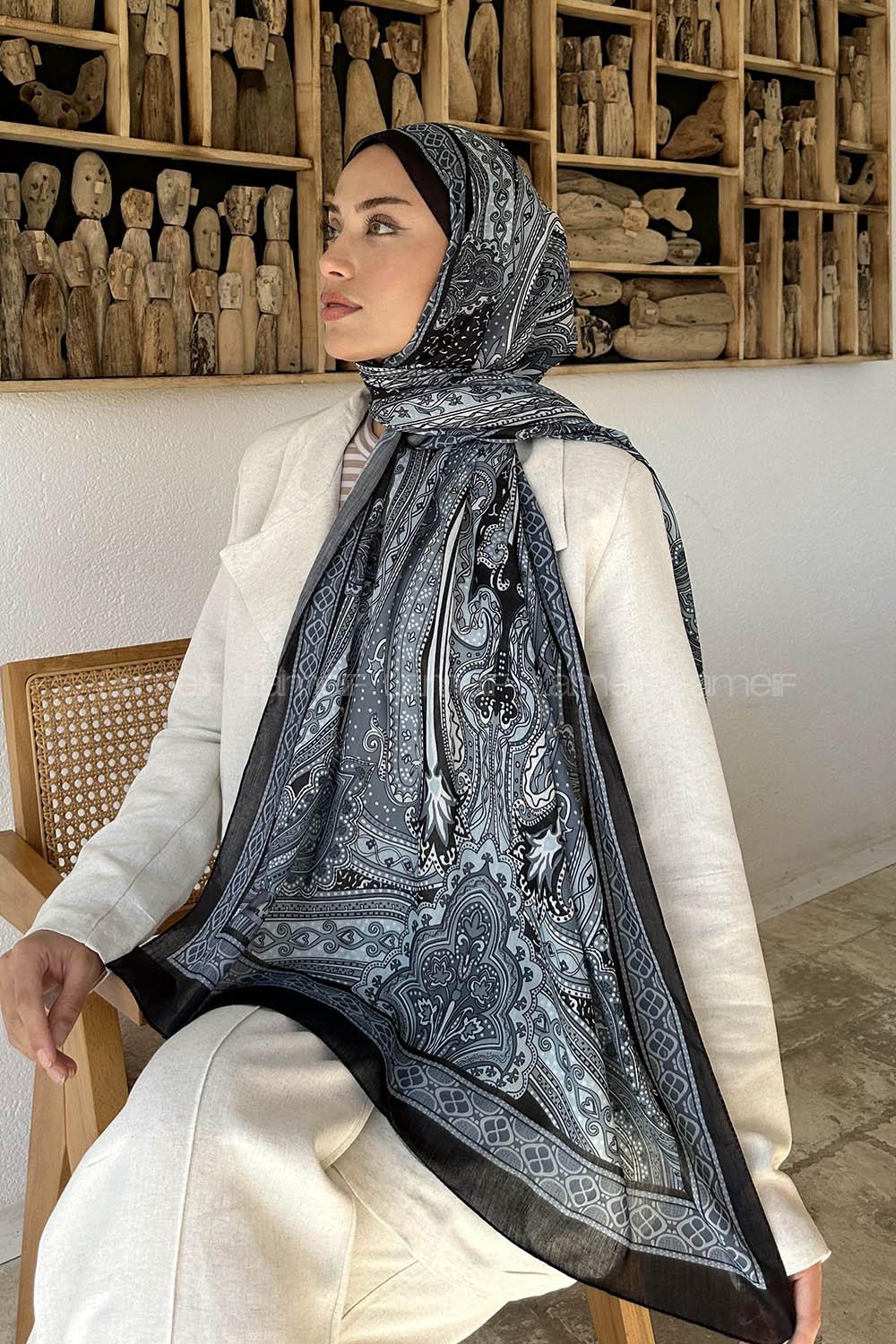 Lamelif Retro Desen Pamuk Şal Gri Mavi