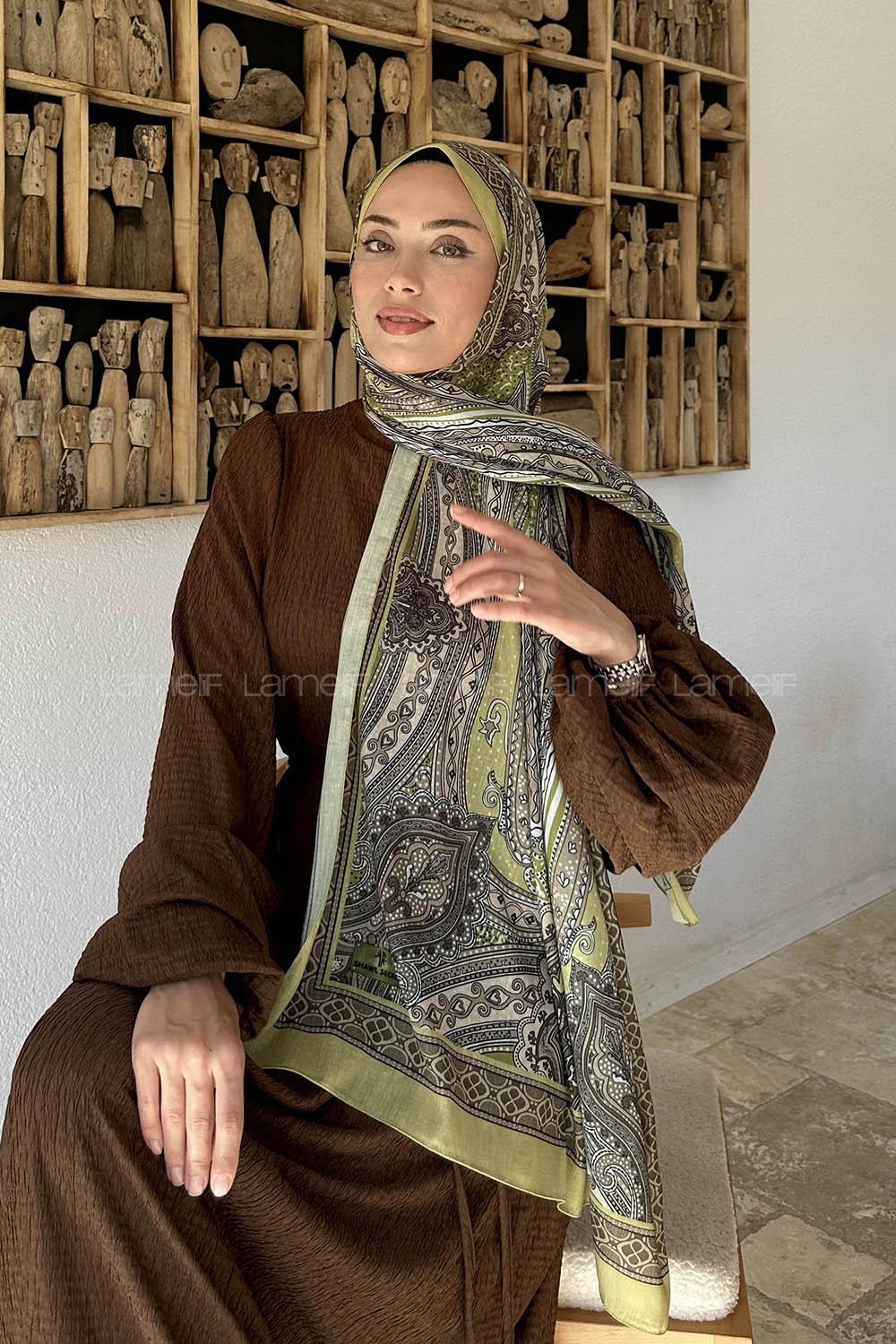 Lamelif Retro Desen Pamuk Şal Yağ Yeşili