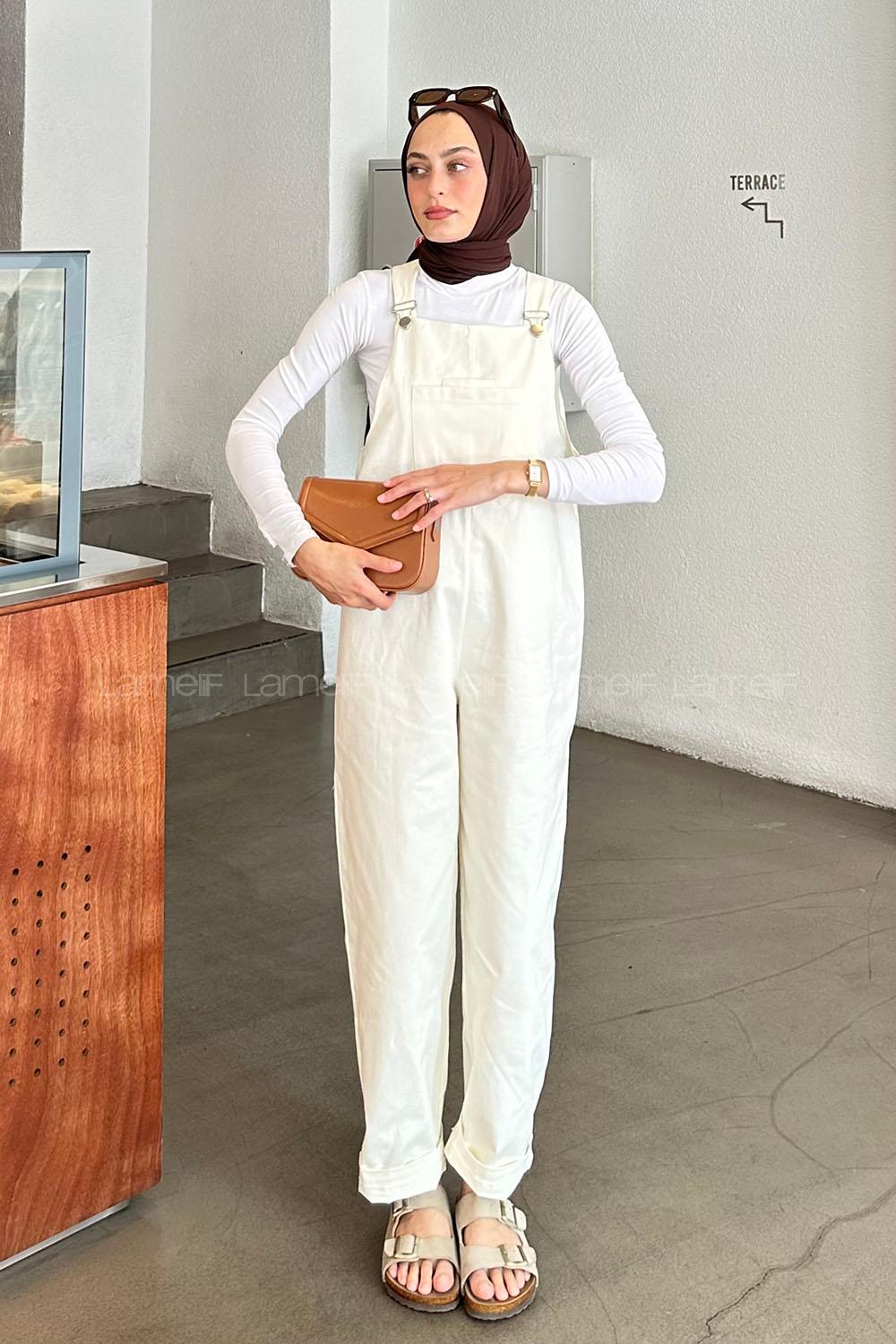 Modalamelif Önü Cepli Kanguru Tulum Krem