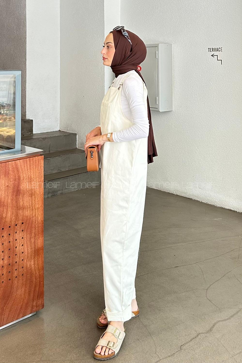 Modalamelif Önü Cepli Kanguru Tulum Krem