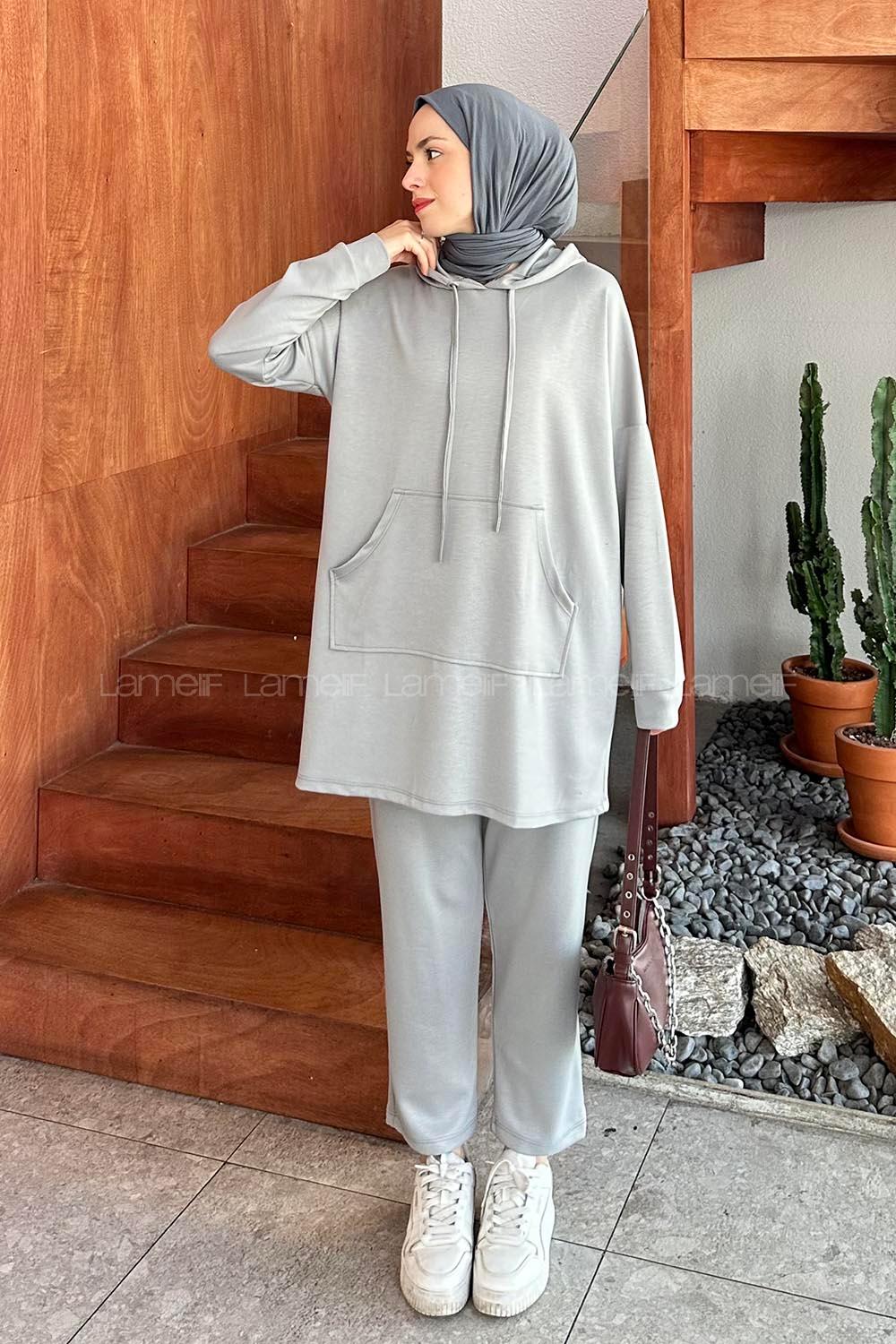 Lamelif Kapüşonlu Oysho Tesettür Takım Gri