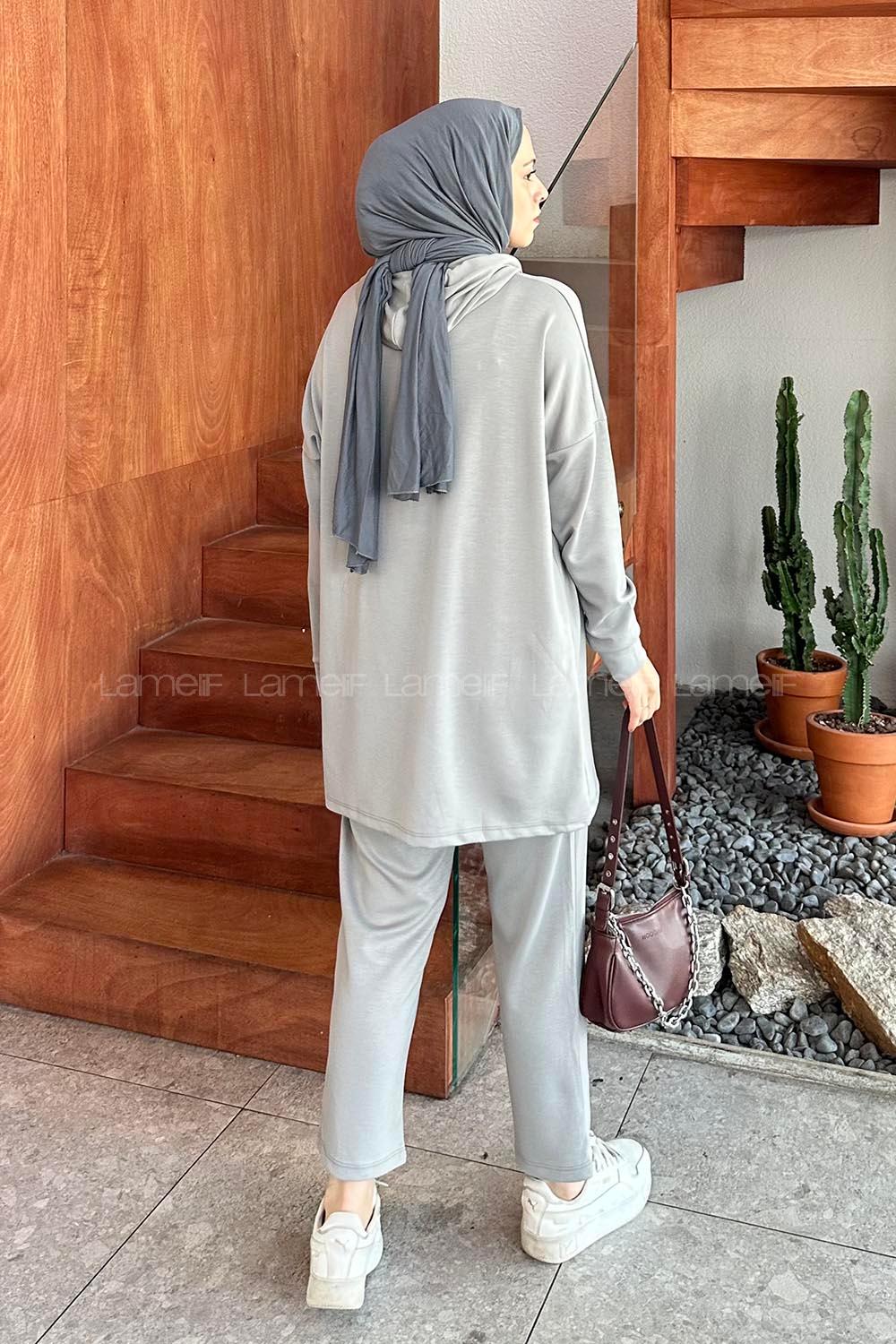 Lamelif Kapüşonlu Oysho Tesettür Takım Gri