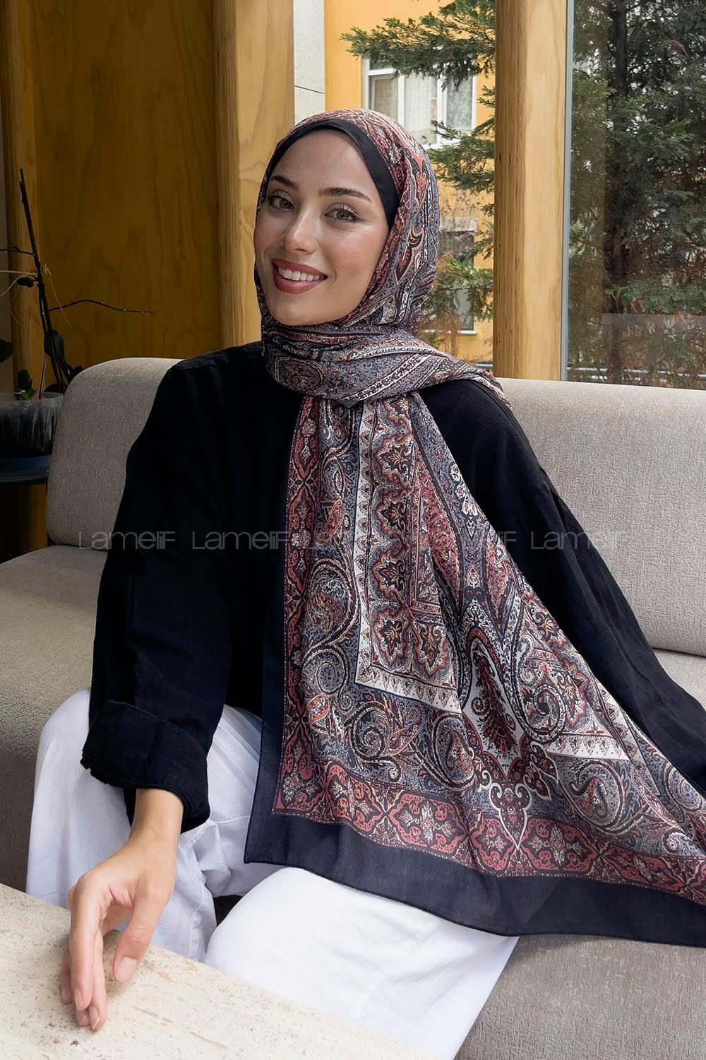 Lamelif Retro Desen Pamuk Şal Siyah-Kiremit