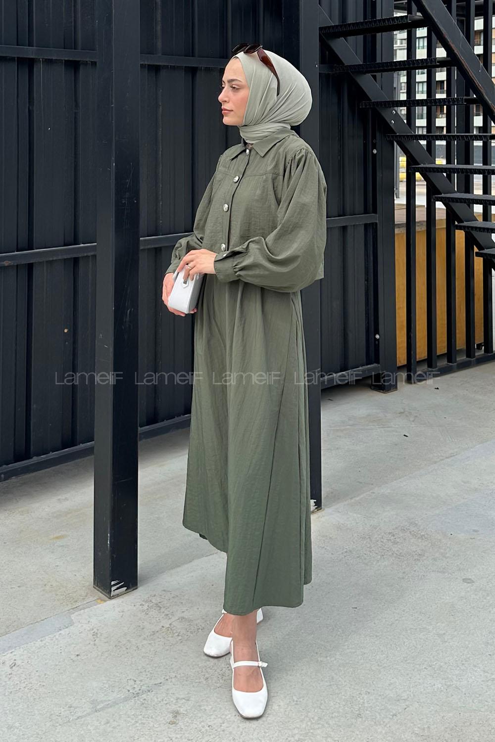 Lamelif Üst Ceket Jile Tesettür Takım Haki