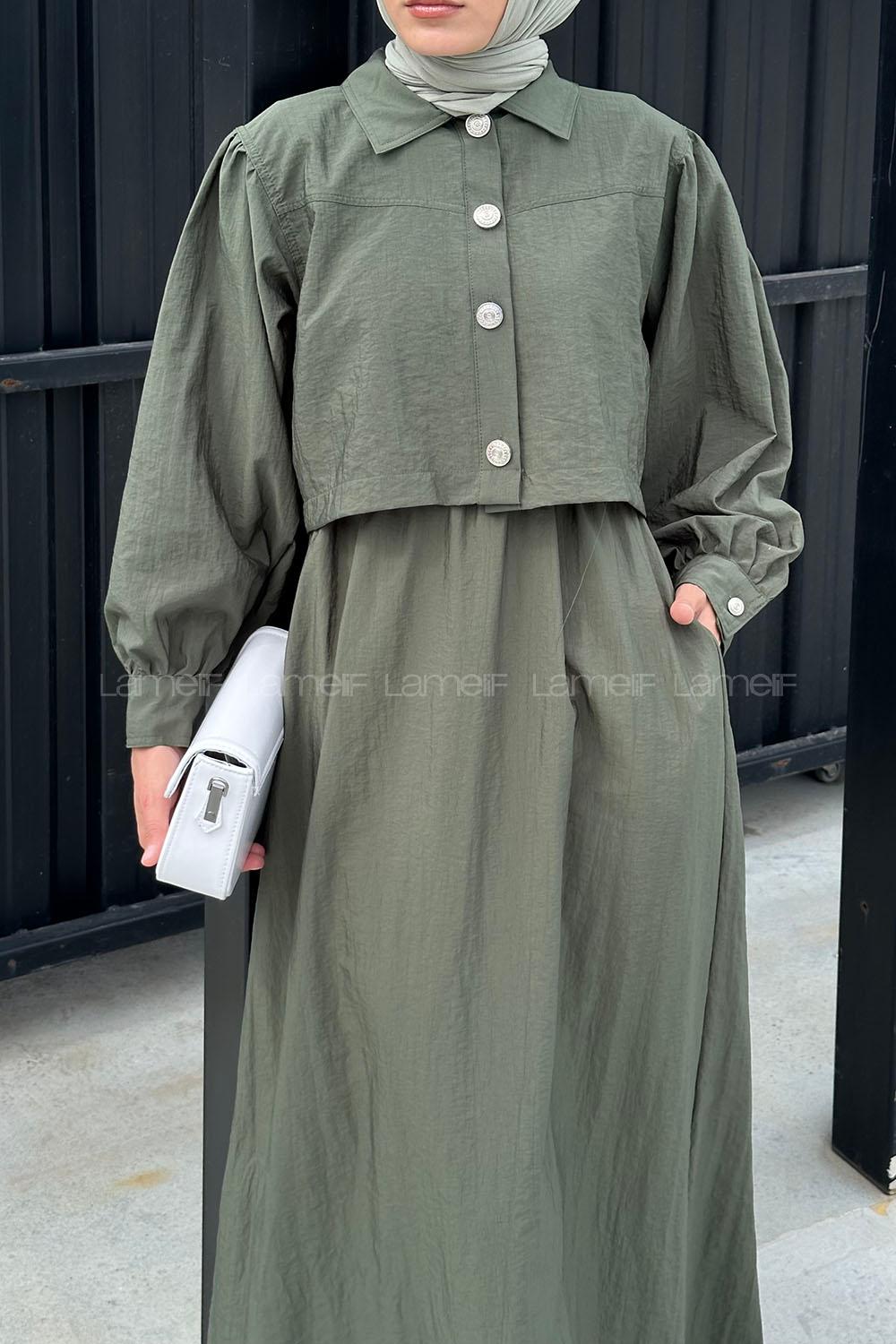 Lamelif Üst Ceket Jile Tesettür Takım Haki