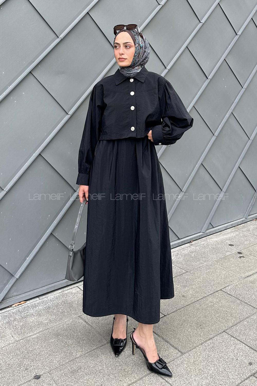 Lamelif Üst Ceket Jile Tesettür Takım Siyah