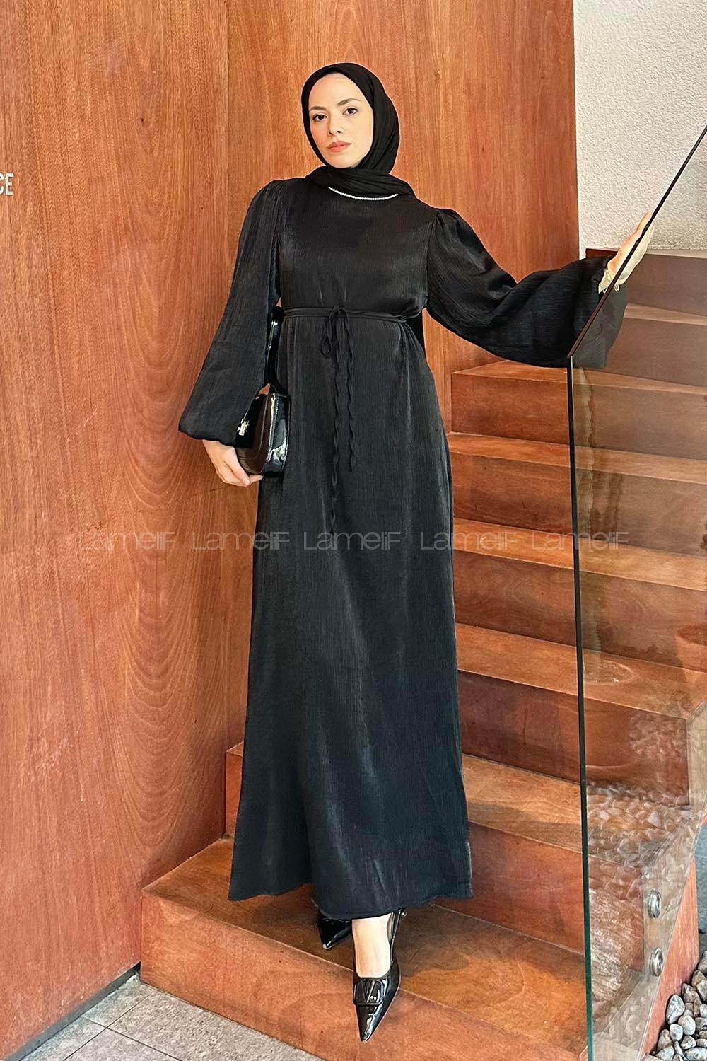 Lamelif Yaka Taş Detaylı Balon Kol Tesettür Elbise Siyah