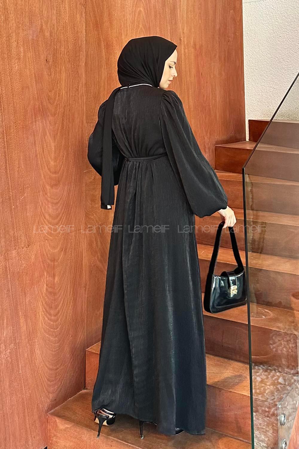 Lamelif Yaka Taş Detaylı Balon Kol Tesettür Elbise Siyah
