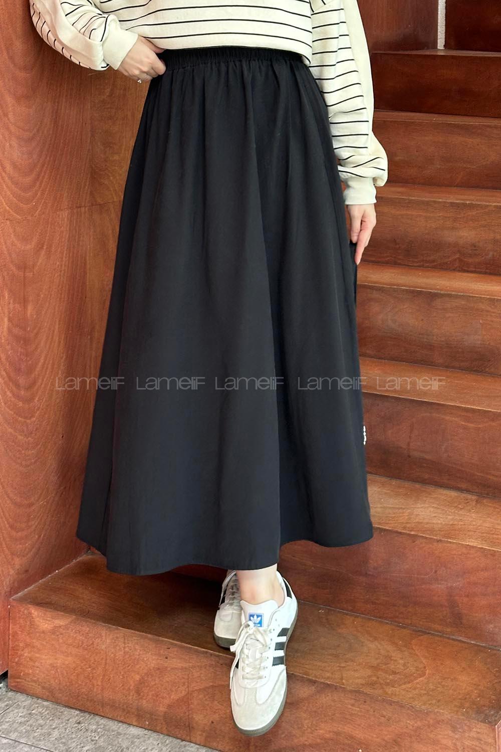 Lamelif Cep Detaylı Keten Etek Siyah