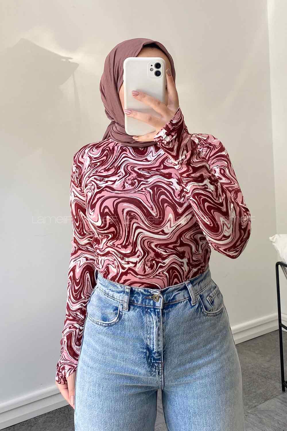 Lamelif Eldiven Detaylı  Ebru Desenli Body Vişne