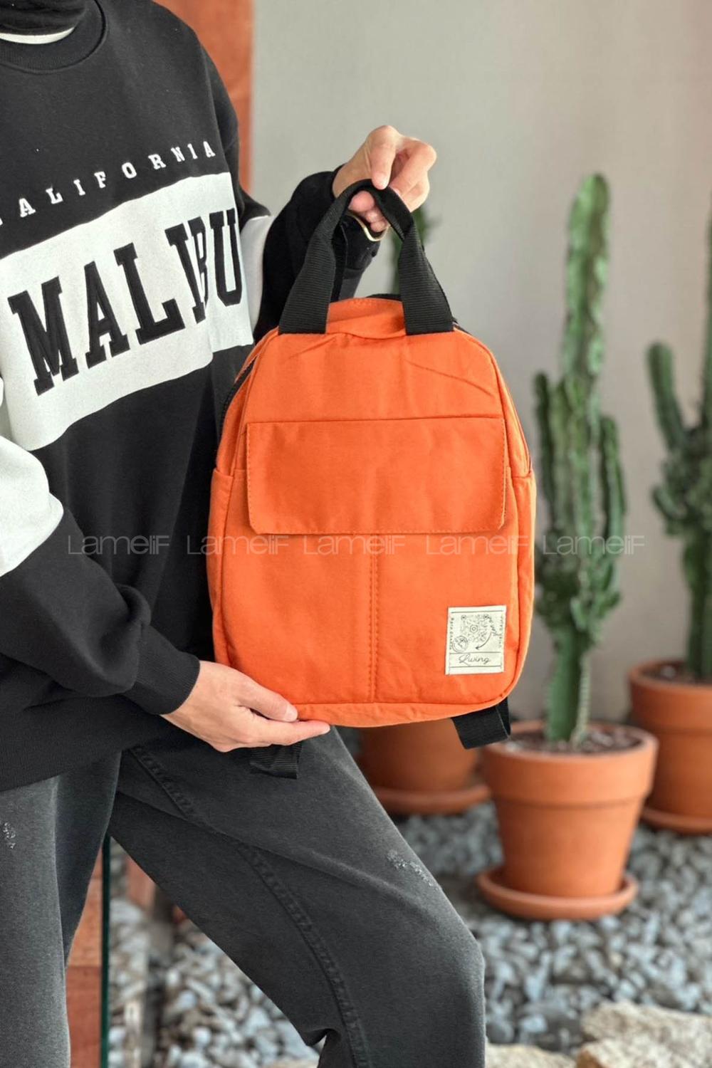 Lamelif Kapaklı Üç Bölmeli Kadın Sırt Çantası Turuncu