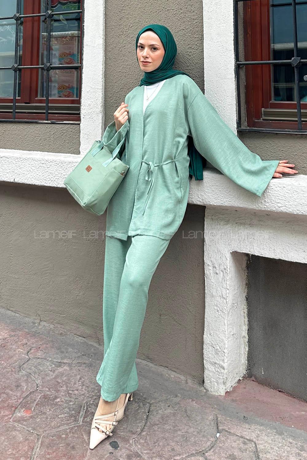 Lamelif Bağlama Detaylı Kimono Tesettür Takım Mint Yeşili