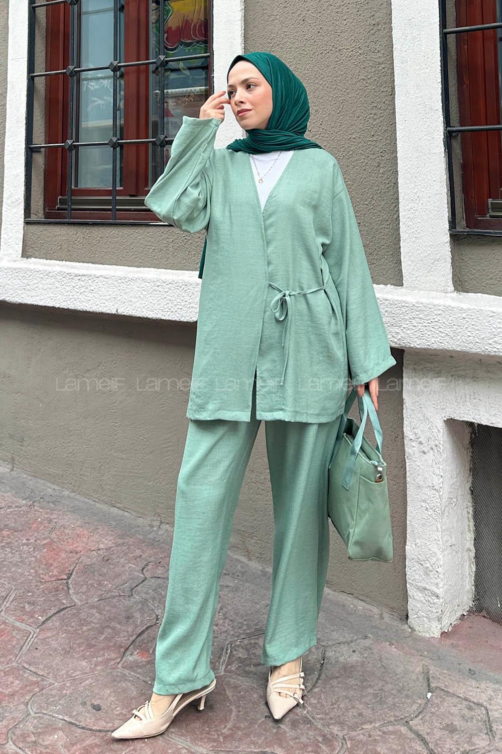 Lamelif Bağlama Detaylı Kimono Tesettür Takım Mint Yeşili