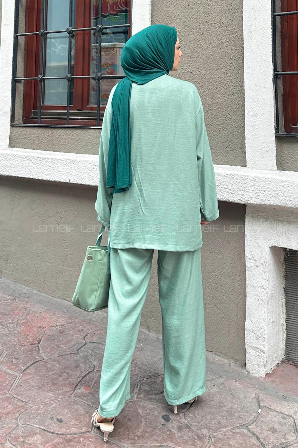 Lamelif Bağlama Detaylı Kimono Tesettür Takım Mint Yeşili