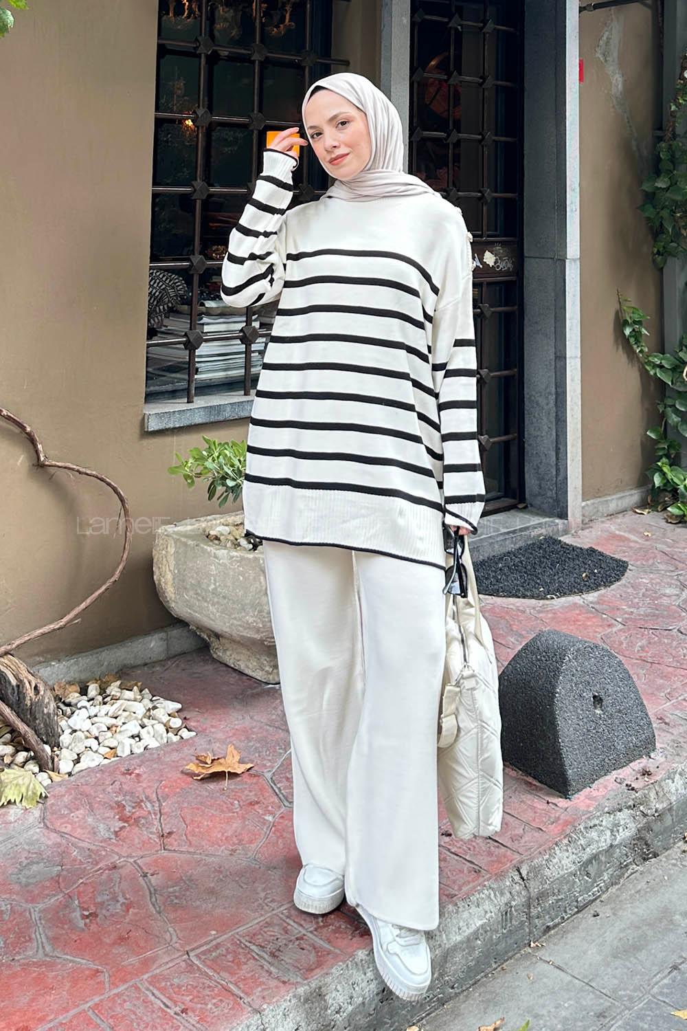 Ecru Mock Turtle Neck Long Arm Buttoned Regular Trousers Suit