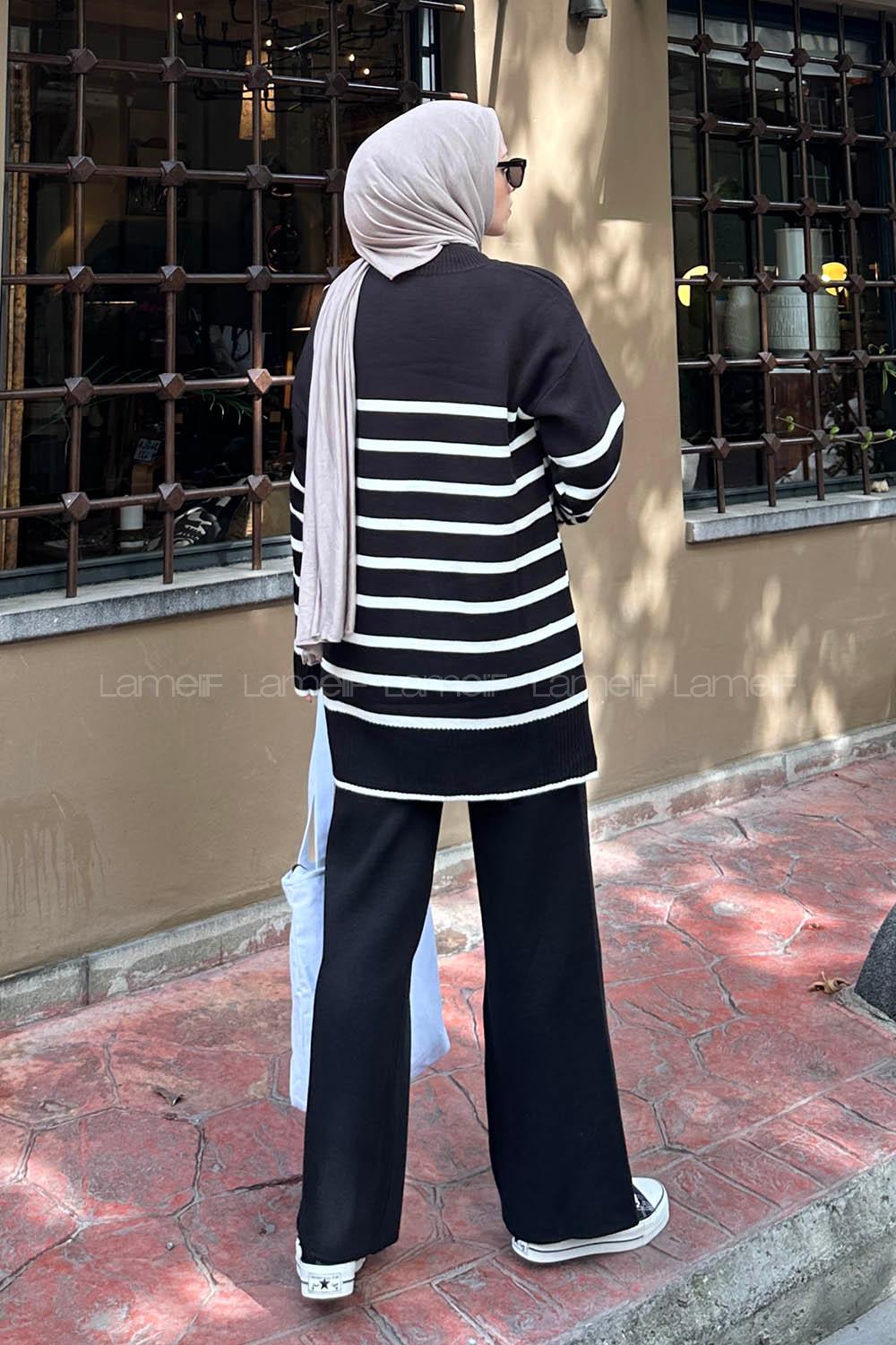 Black Mock Turtle Neck Long Arm Buttoned Regular Trousers Suit