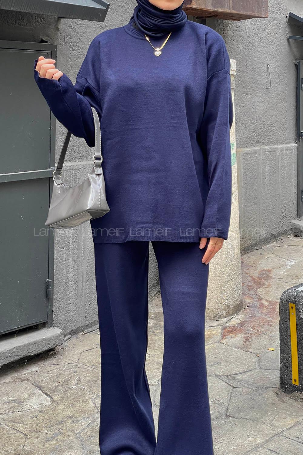Navy Blue Crew Neck Long Arm Without Accessories Knitwear Regular Trousers Comfortable Suit