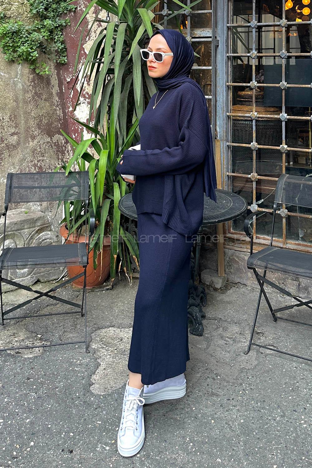 Lamelif Etekli Triko Tesettür Takım Lacivert