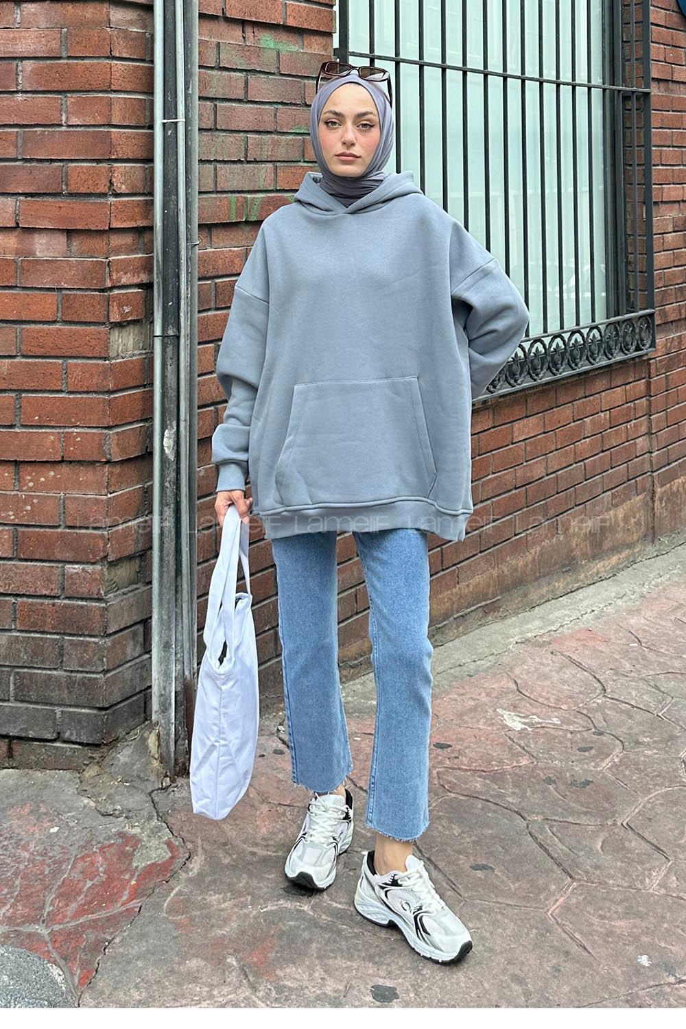 Lamelif Kapüşonlu 3 İplik Kanguru Cep Şardonlu Beli Lastikli Sweatshirt Gri