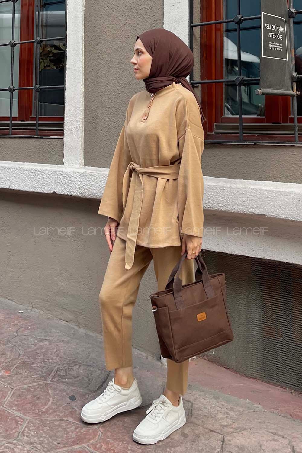 Brown With Milk Mandarin Collar Long Arm Without Accessories Knitwear Regular Trousers Comfortable Suit