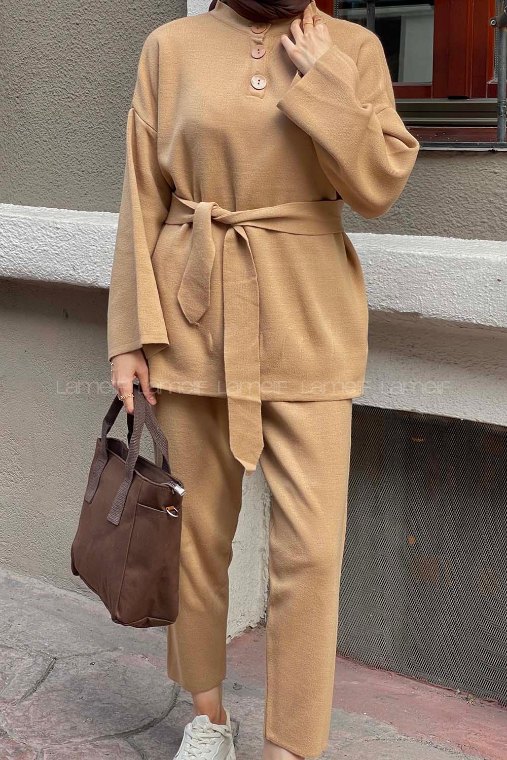 Brown With Milk Mandarin Collar Long Arm Without Accessories Knitwear Regular Trousers Comfortable Suit