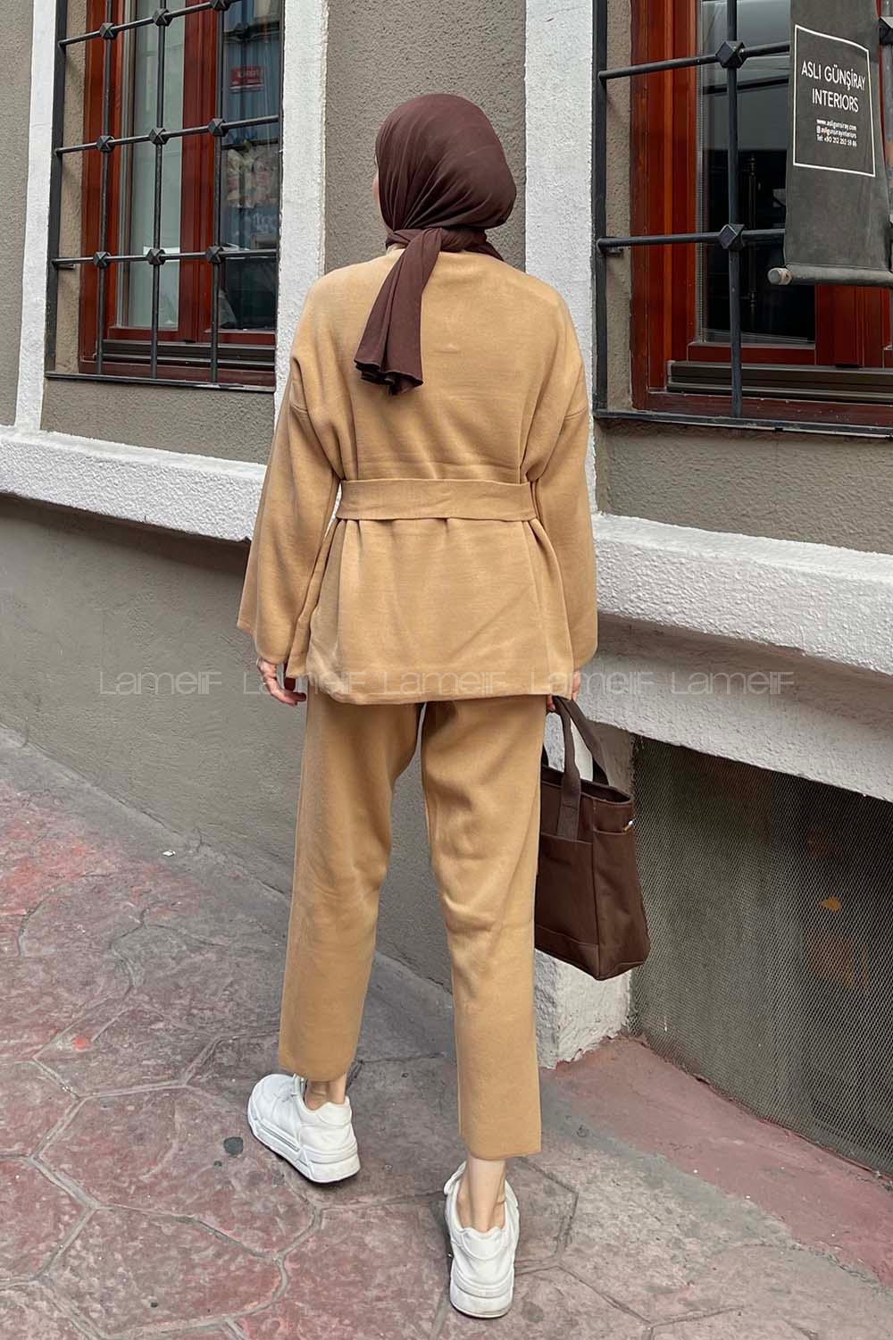 Brown With Milk Mandarin Collar Long Arm Without Accessories Knitwear Regular Trousers Comfortable Suit