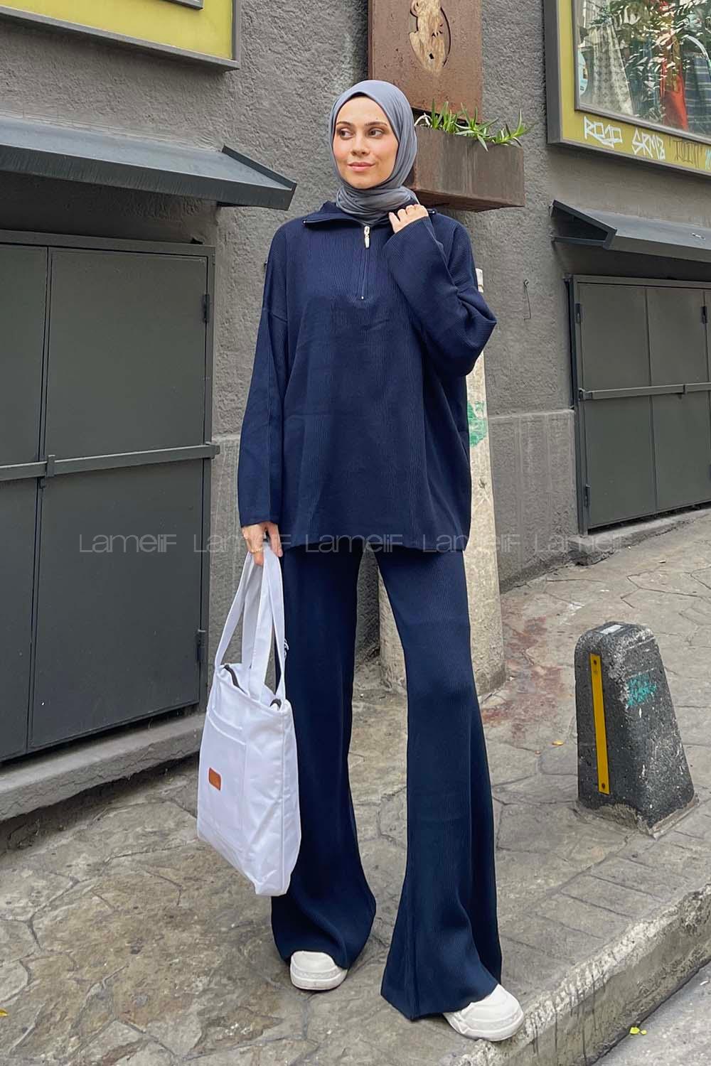 Lamelif Selanik Pantalonlu Tesettür Takım Lacivert