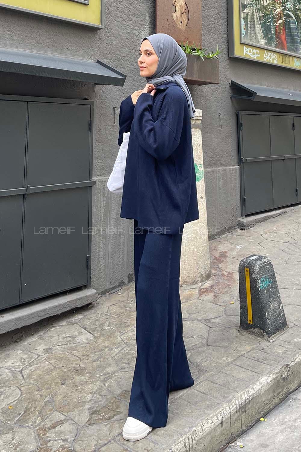 Lamelif Selanik Pantalonlu Tesettür Takım Lacivert