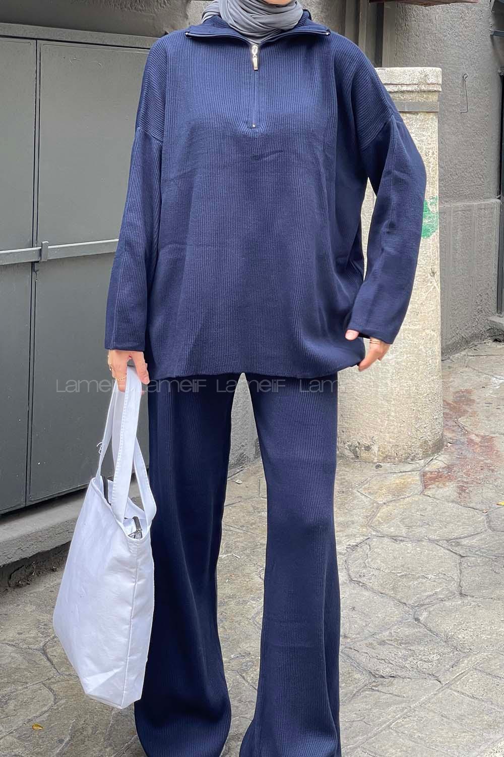 Lamelif Selanik Pantalonlu Tesettür Takım Lacivert