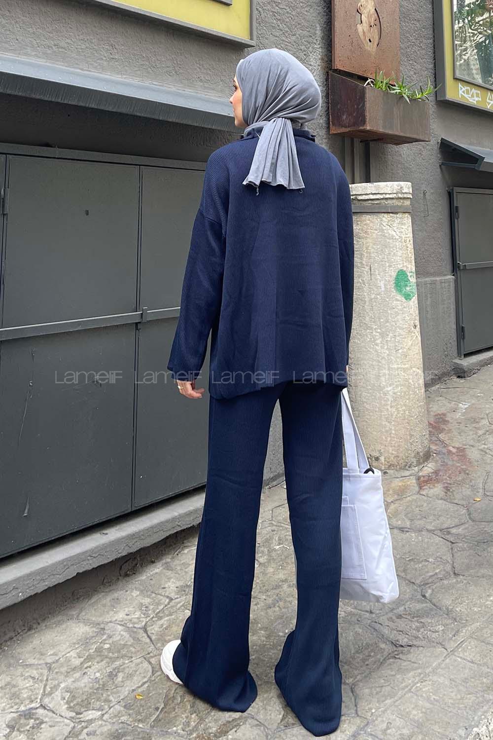 Lamelif Selanik Pantalonlu Tesettür Takım Lacivert