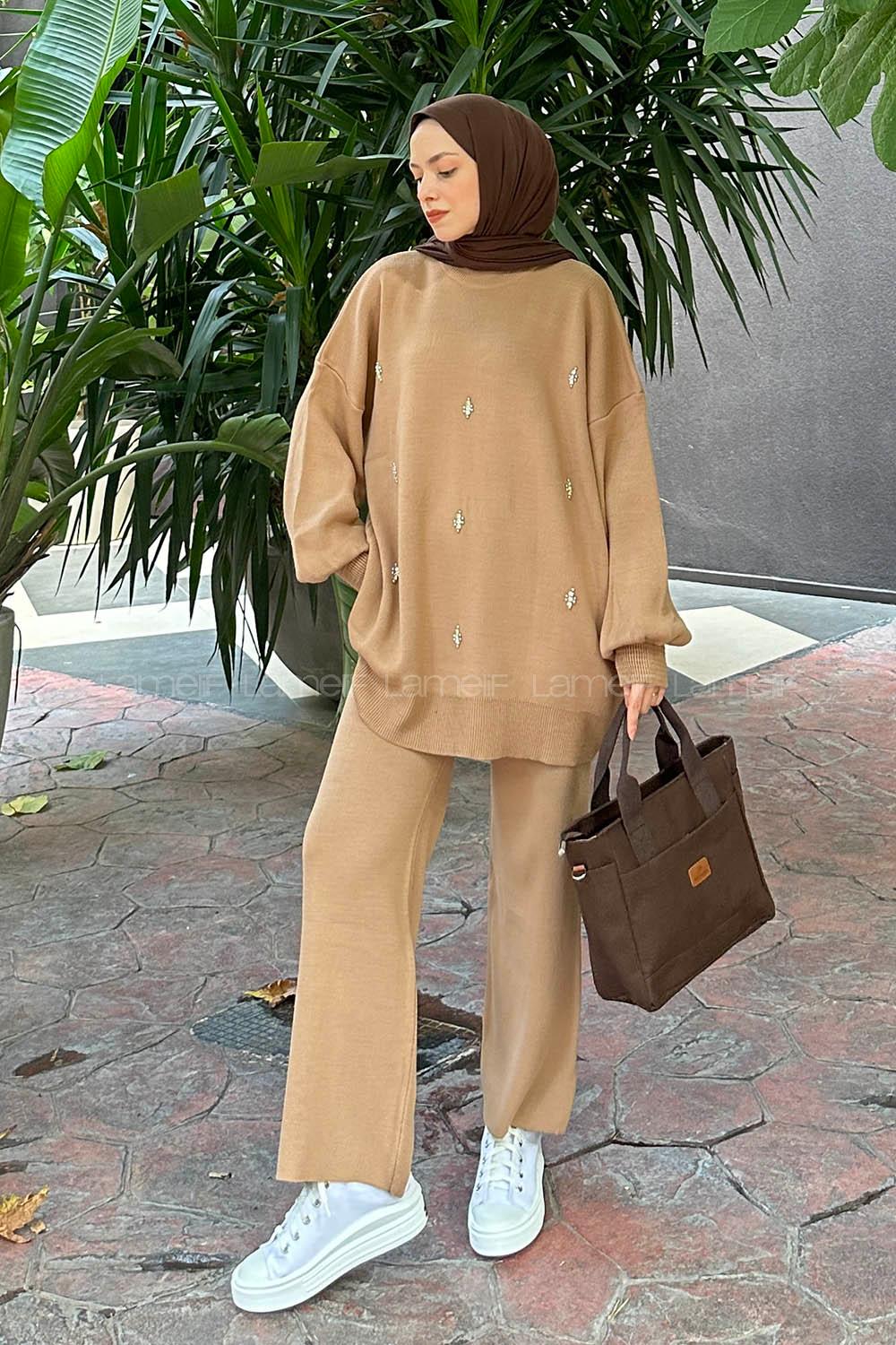 Brown With Milk Turtle Neck Balloon Sleeve Arm Knitwear Regular Trousers Comfortable Suit