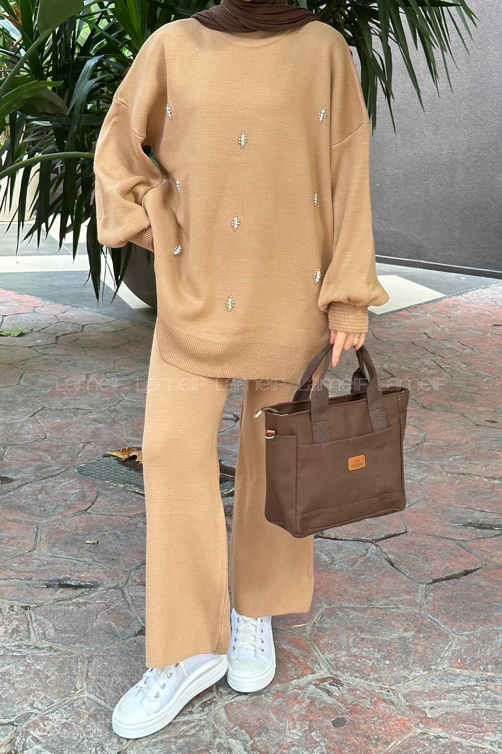 Brown With Milk Turtle Neck Balloon Sleeve Arm Knitwear Regular Trousers Comfortable Suit