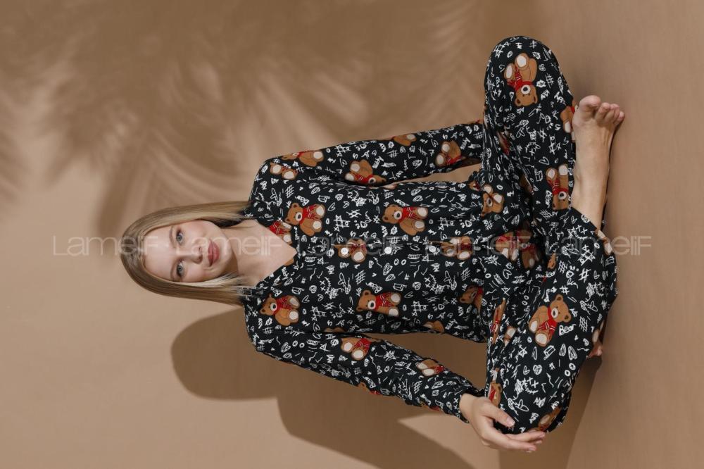Lamelif Ayıcık Desenli Gömlek Yaka Pijama Seti