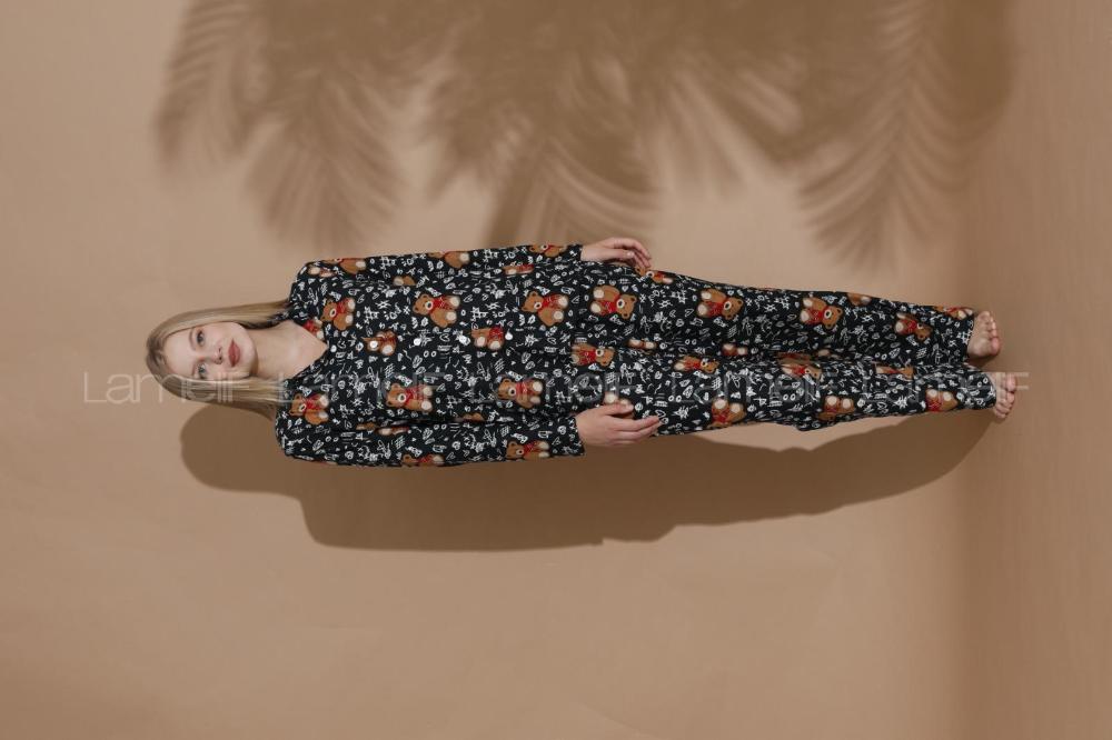 Lamelif Ayıcık Desenli Gömlek Yaka Pijama Seti