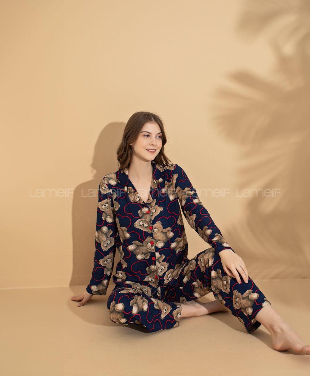 Lamelif Ayıcıklı Kalp Desenli Gömlek Yaka Pijama Seti