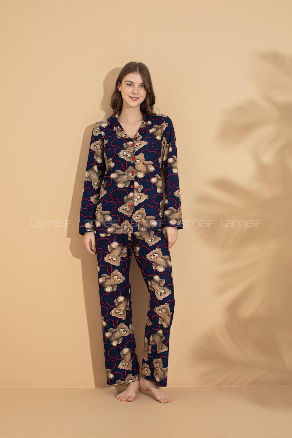 Lamelif Ayıcıklı Kalp Desenli Gömlek Yaka Pijama Seti